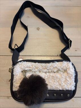 Icing Cream Sherpa Mini Crossbody with Brown Trim and Pom Pom